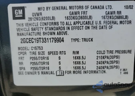 2003 Chevrolet Silverado C1500 z USA, uszkodzony, nr VIN 2GCEC19T331179904